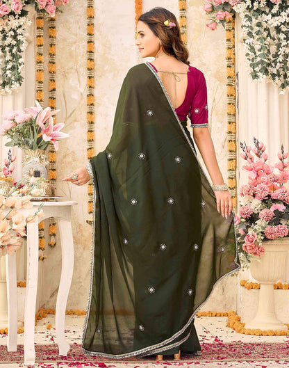 Olive Green Georgette Embroidery Saree