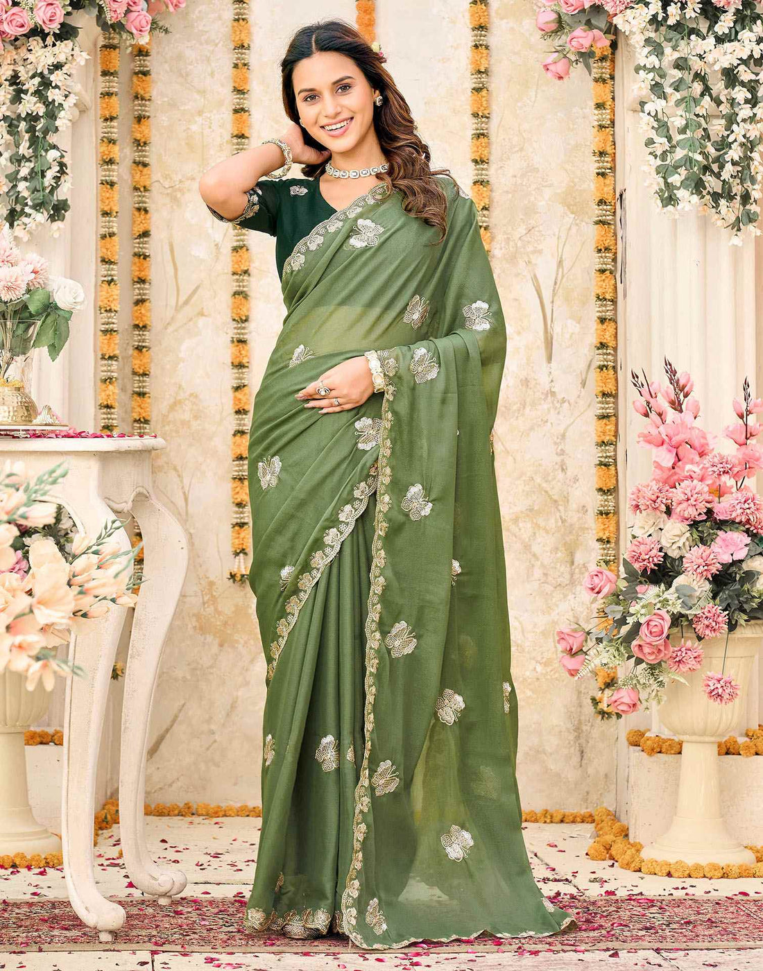 Moss Green Shimmer Georgette Sequence Embroidery saree