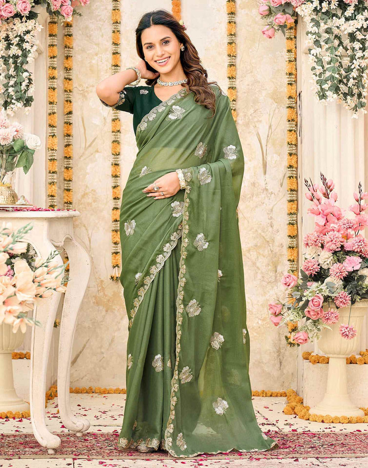 Moss Green Shimmer Georgette Sequence Embroidery saree