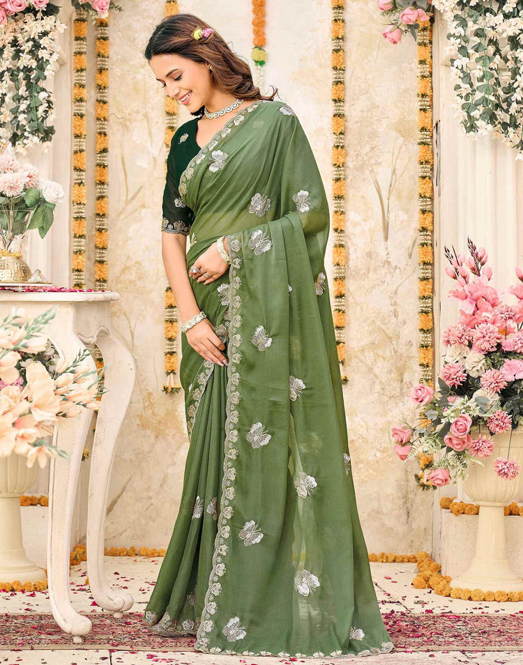 Moss Green Shimmer Georgette Sequence Embroidery saree