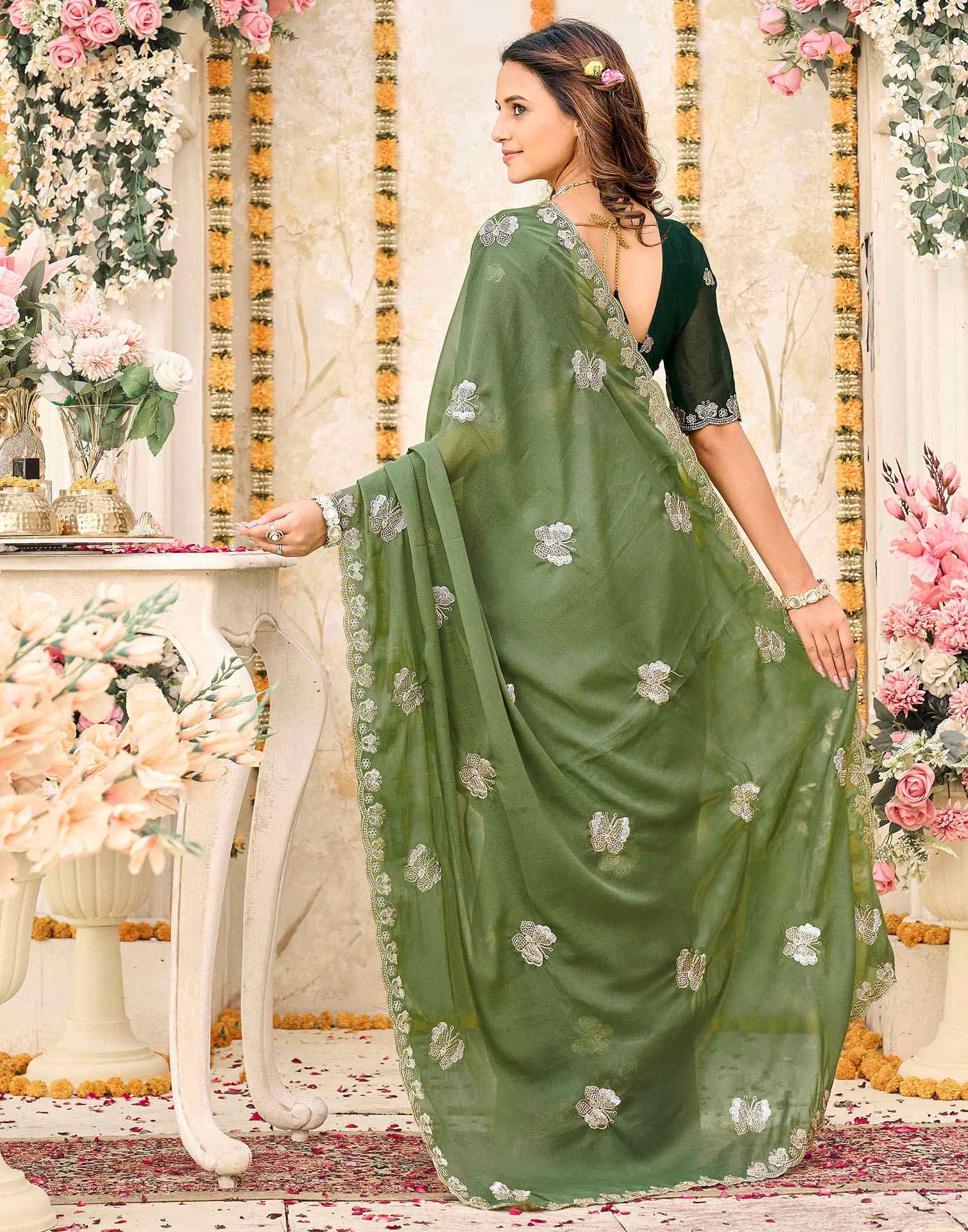 Moss Green Shimmer Georgette Sequence Embroidery saree
