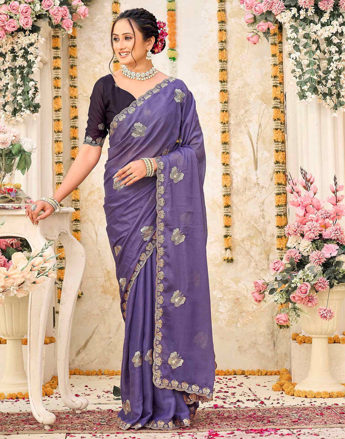 Lavender Shimmer Georgette Sequence Embroidery saree
