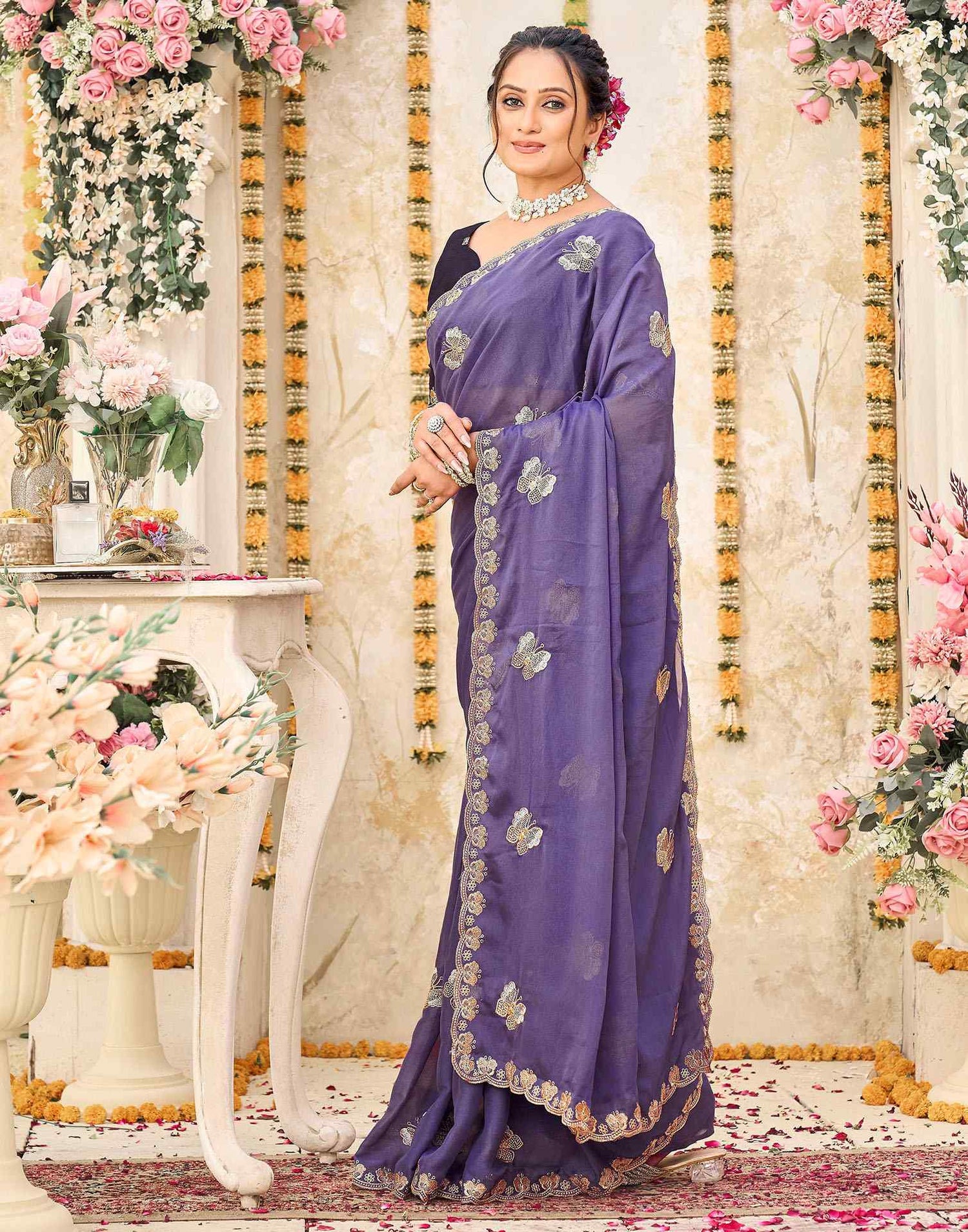 Lavender Shimmer Georgette Sequence Embroidery saree