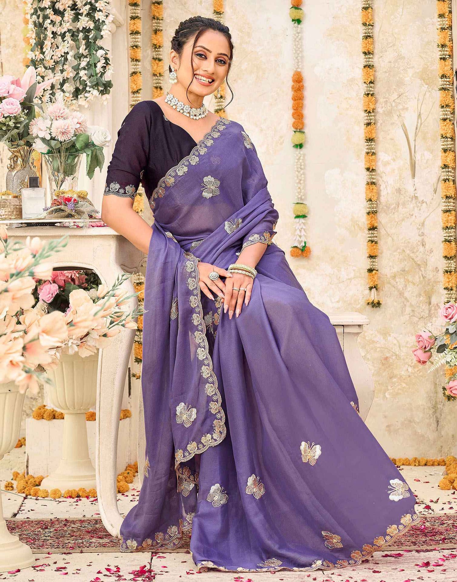Lavender Shimmer Georgette Sequence Embroidery saree