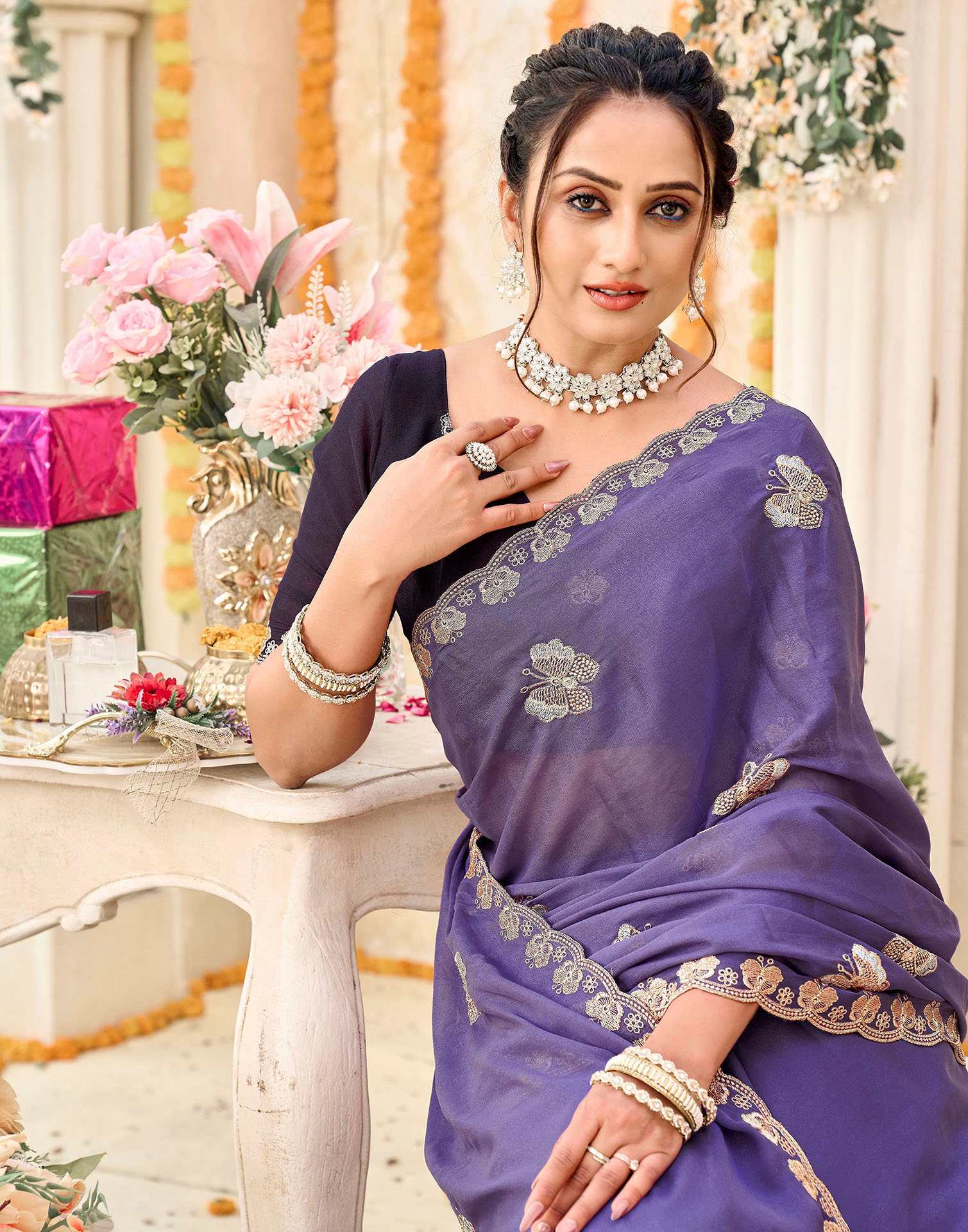 Lavender Shimmer Georgette Sequence Embroidery saree