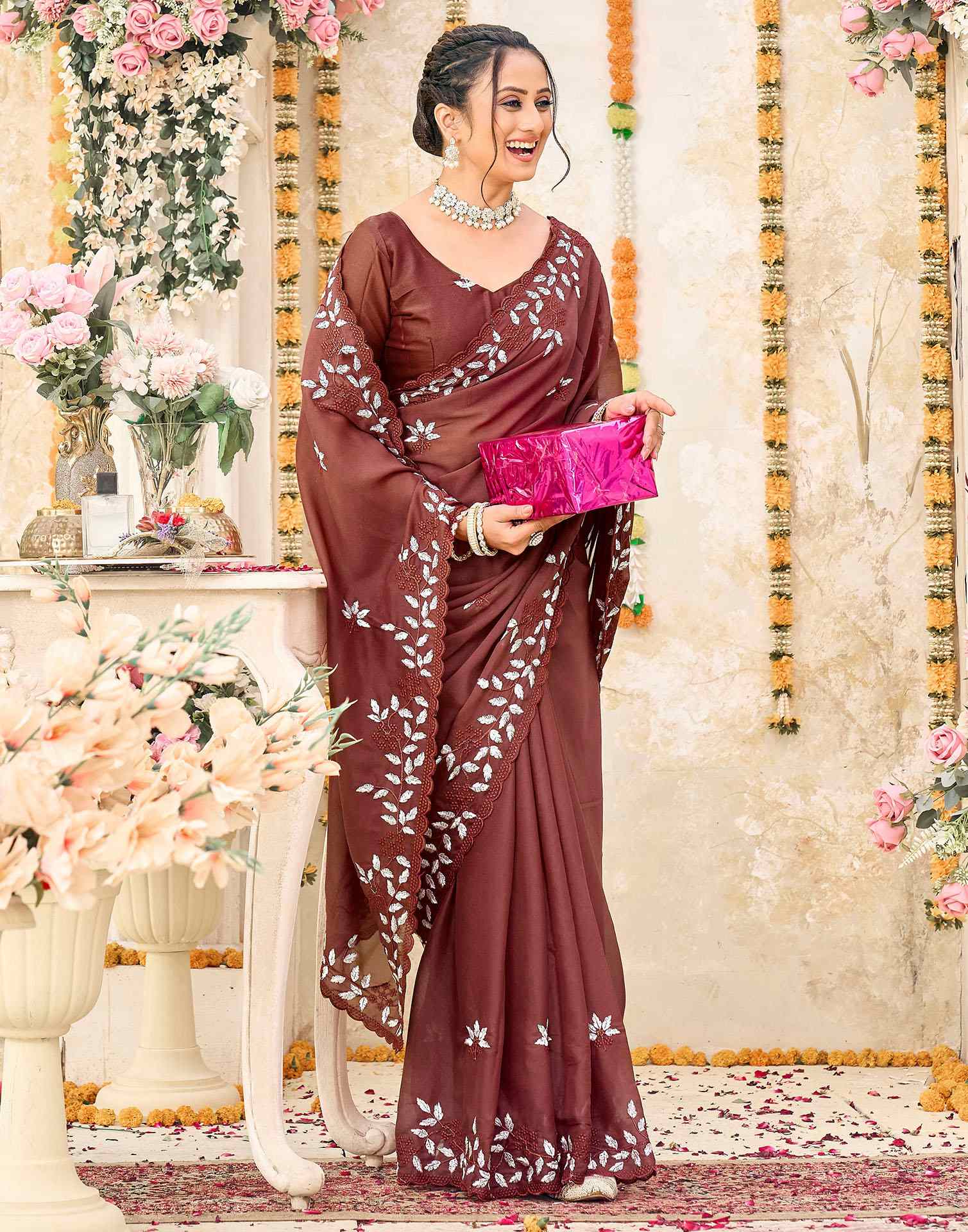 Dusty Maroon Shimmer Georgette Sequence Embroidery saree