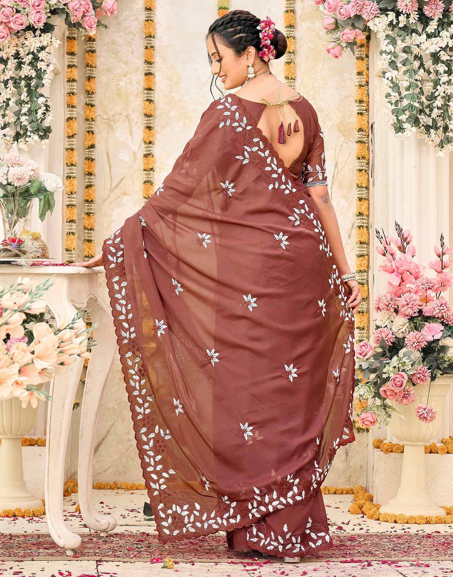 Dusty Maroon Shimmer Georgette Sequence Embroidery saree