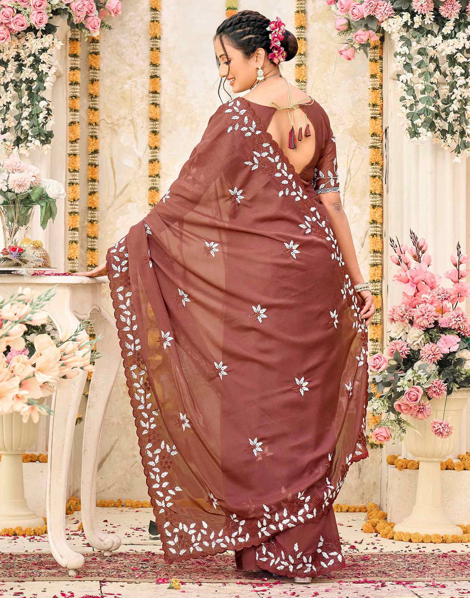 Dusty Maroon Shimmer Georgette Sequence Embroidery saree