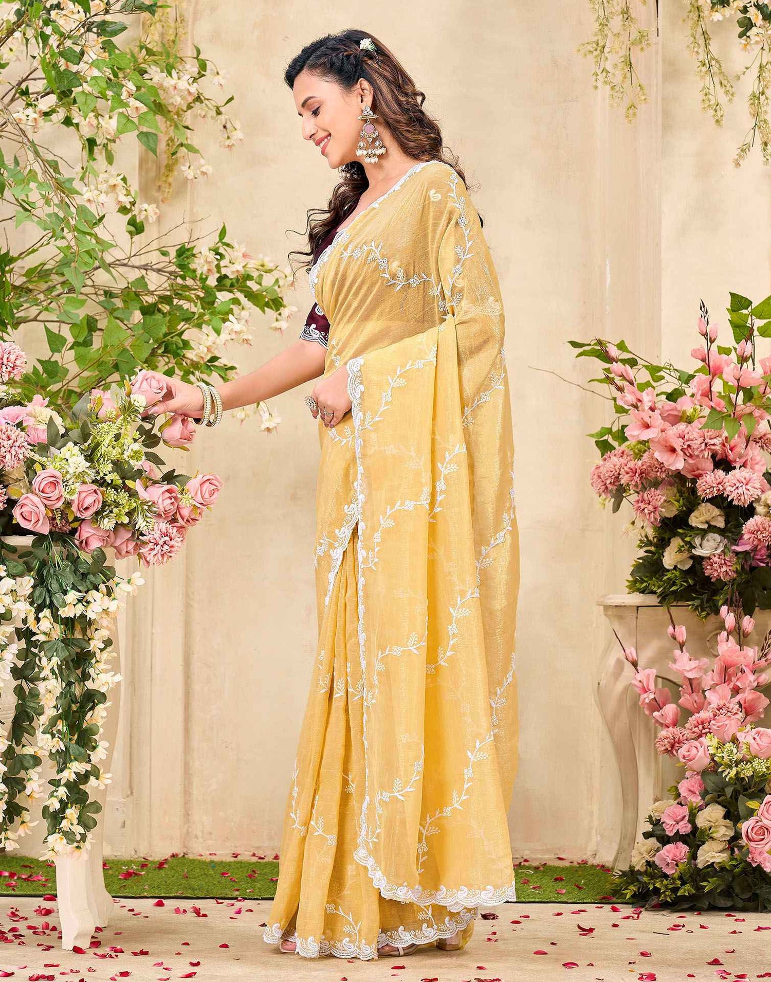 Light Yellow Shimmer Chiffon Sequence Embroidery saree