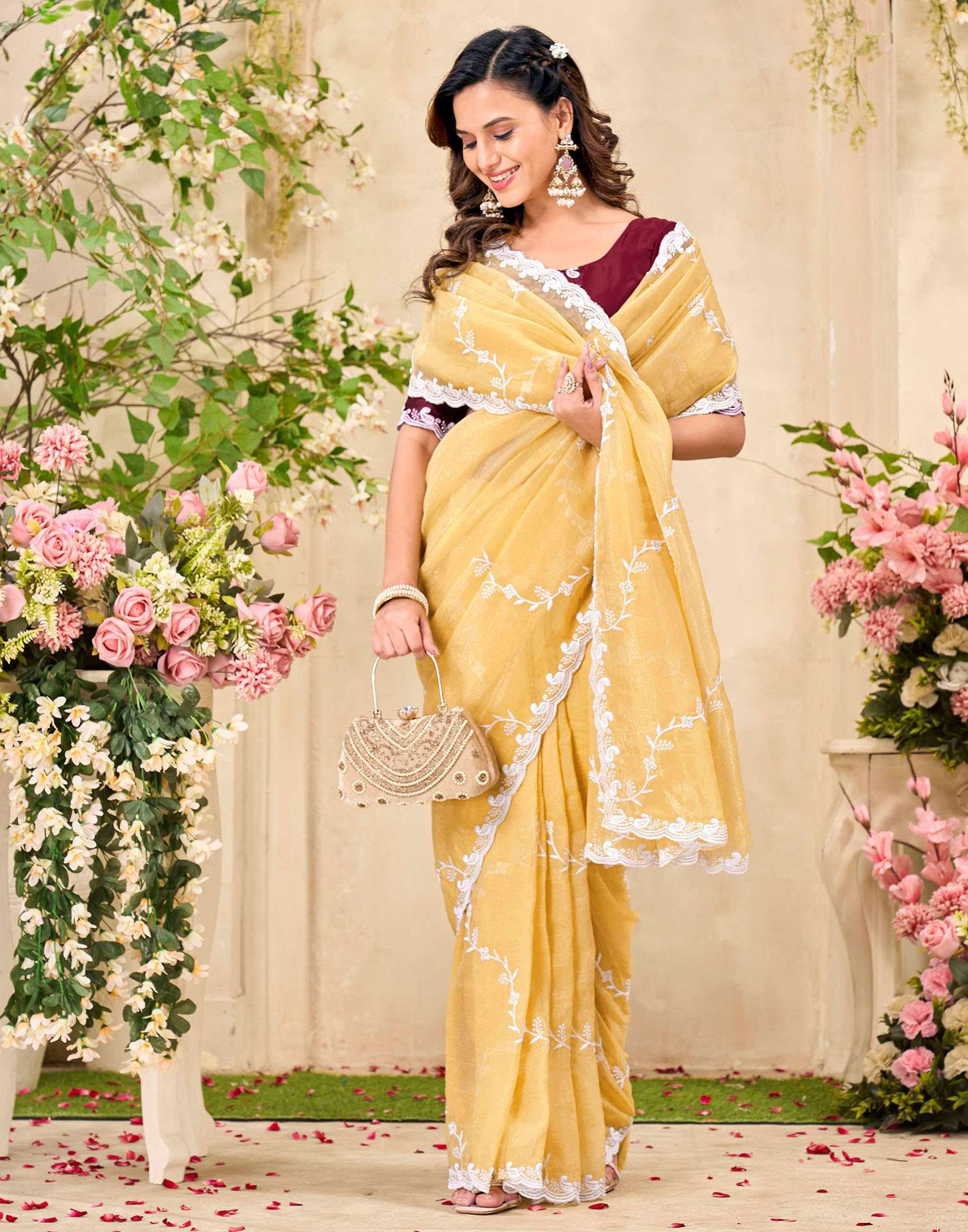 Light Yellow Shimmer Chiffon Sequence Embroidery saree