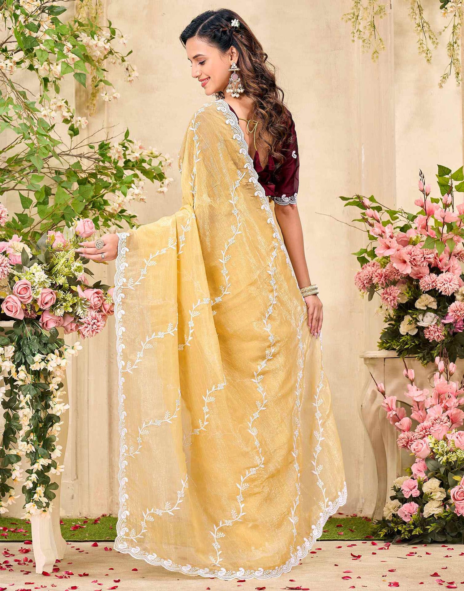 Light Yellow Shimmer Chiffon Sequence Embroidery saree