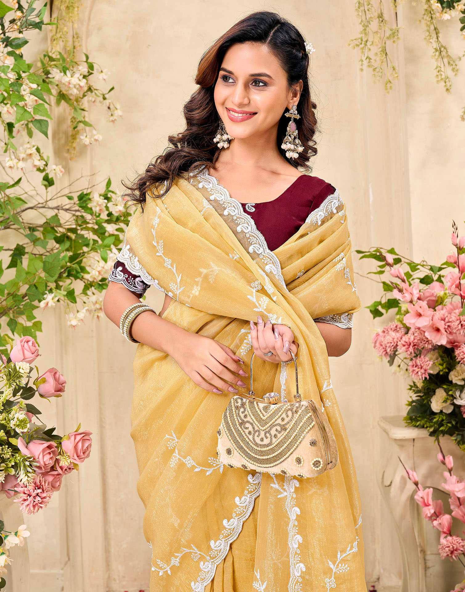 Light Yellow Shimmer Chiffon Sequence Embroidery saree