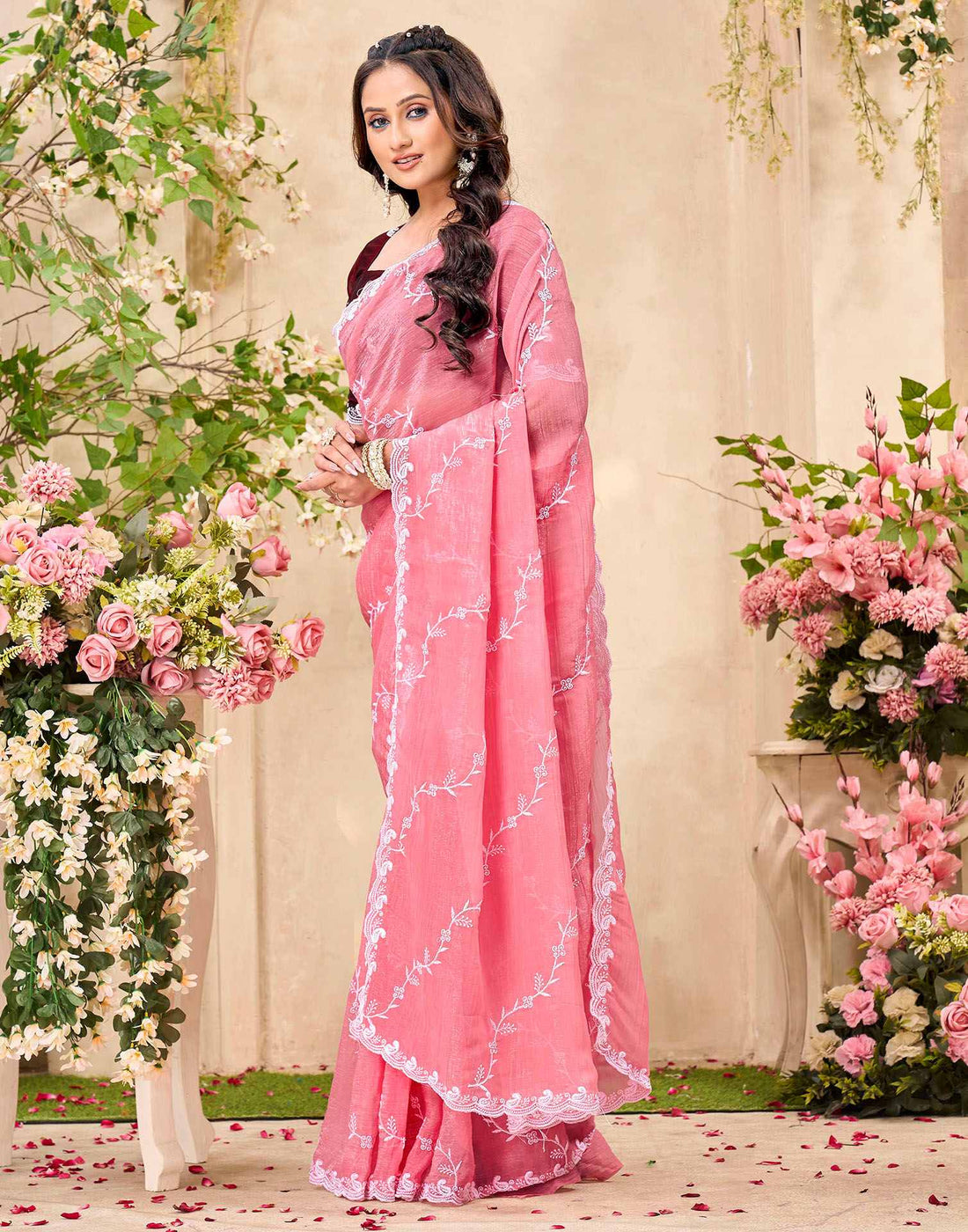 Light Pink Shimmer Chiffon Sequence Embroidery saree