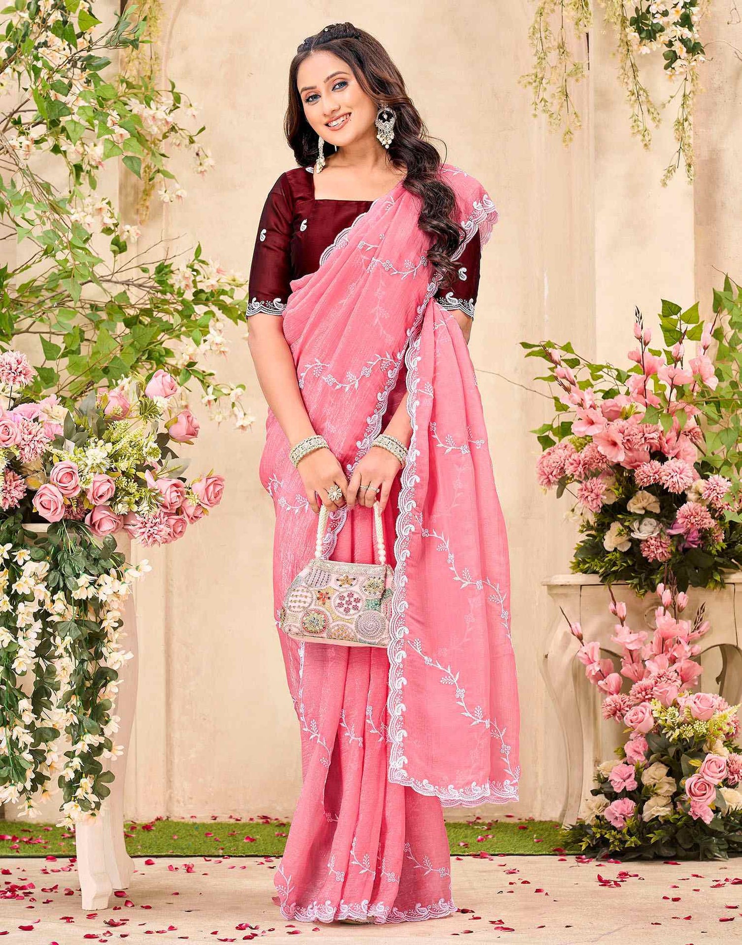Light Pink Shimmer Chiffon Sequence Embroidery saree