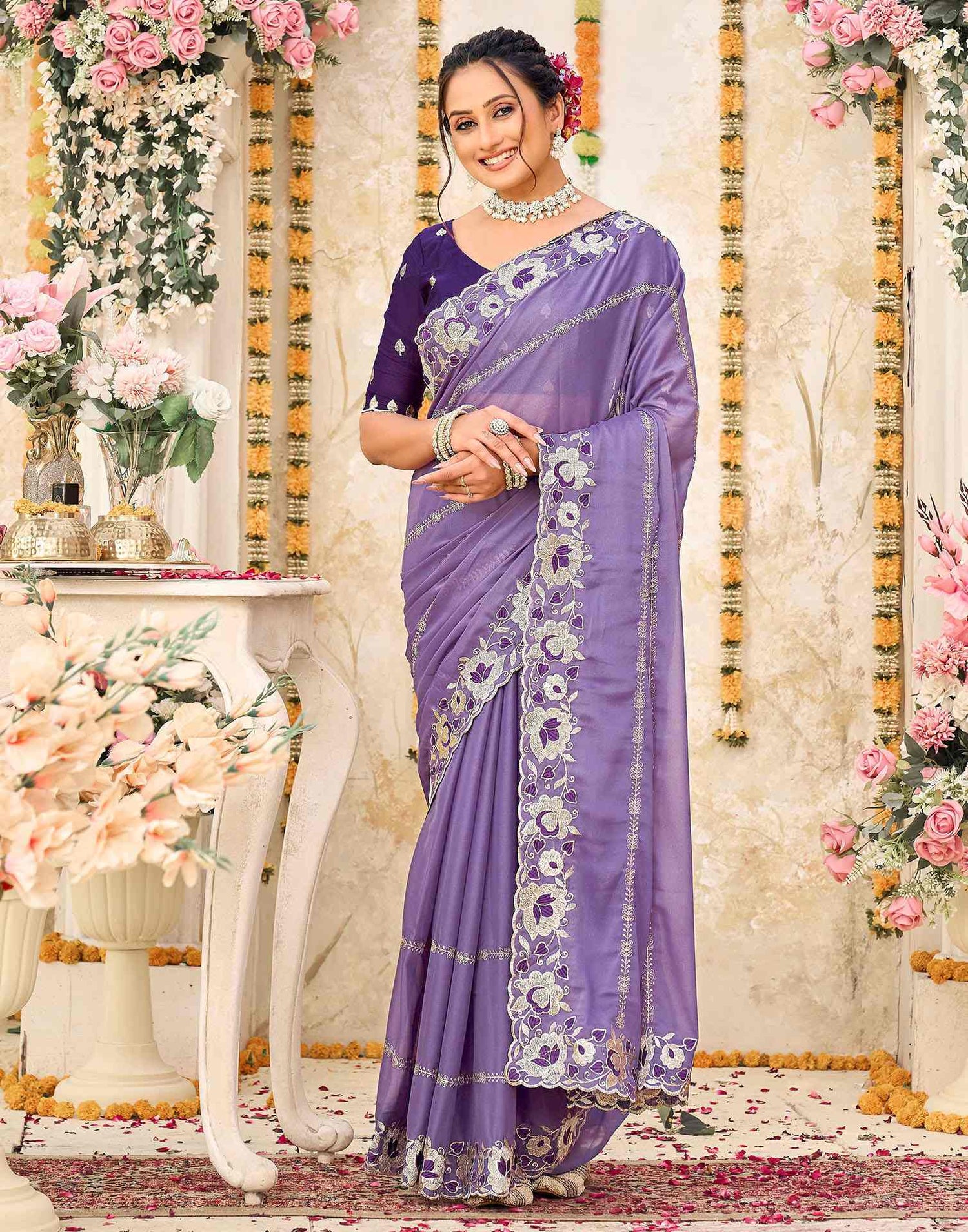 Lavender Shimmer Embroidery Saree