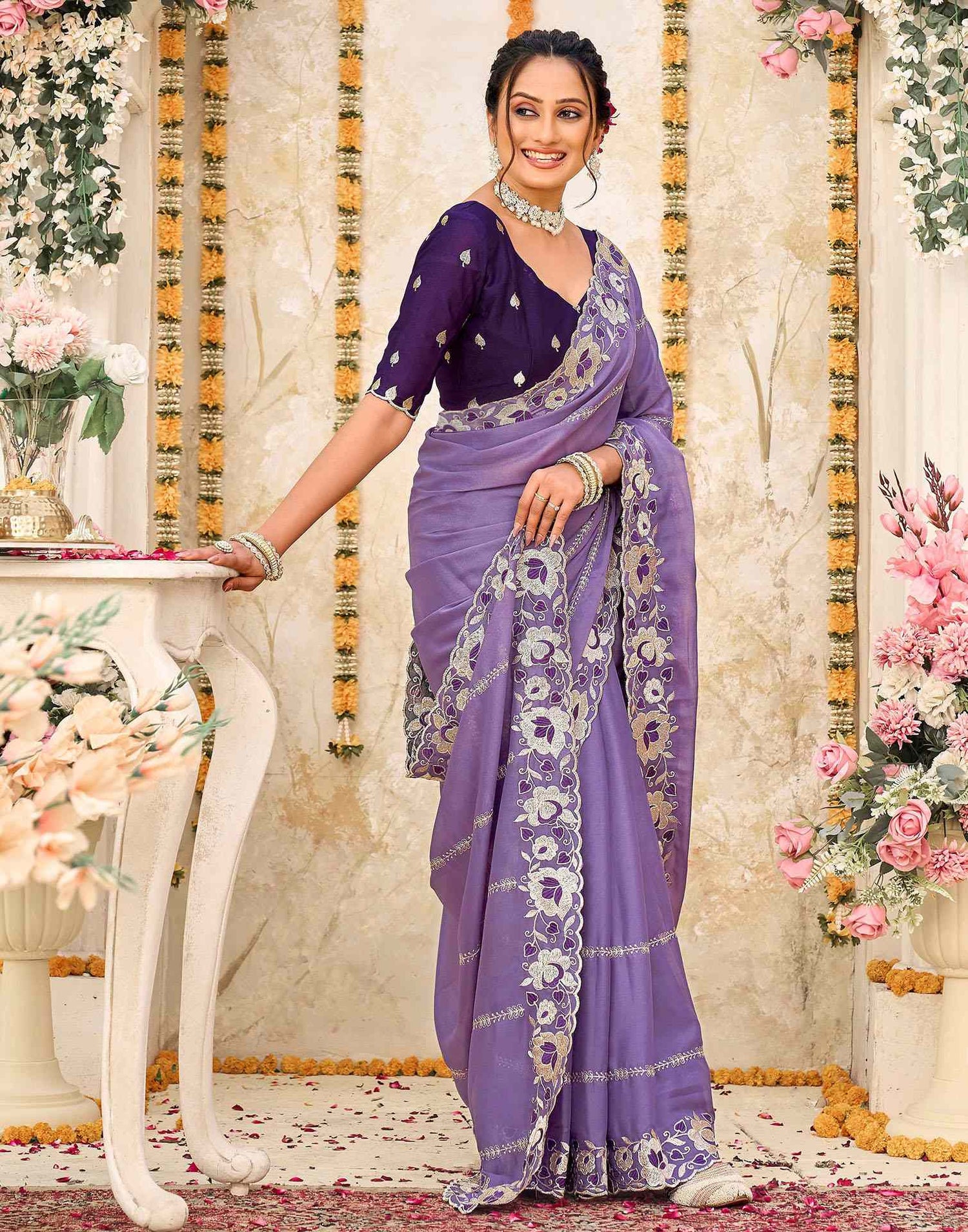 Lavender Shimmer Embroidery Saree