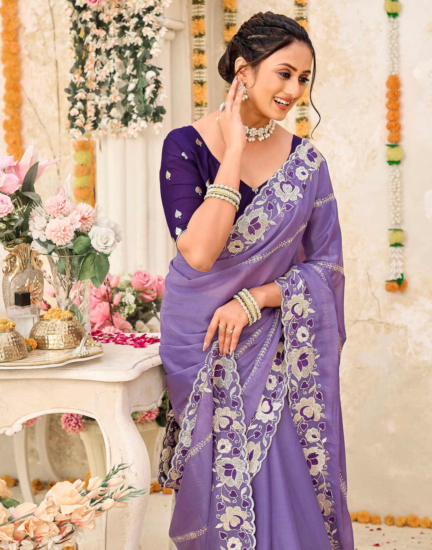 Lavender Shimmer Embroidery Saree