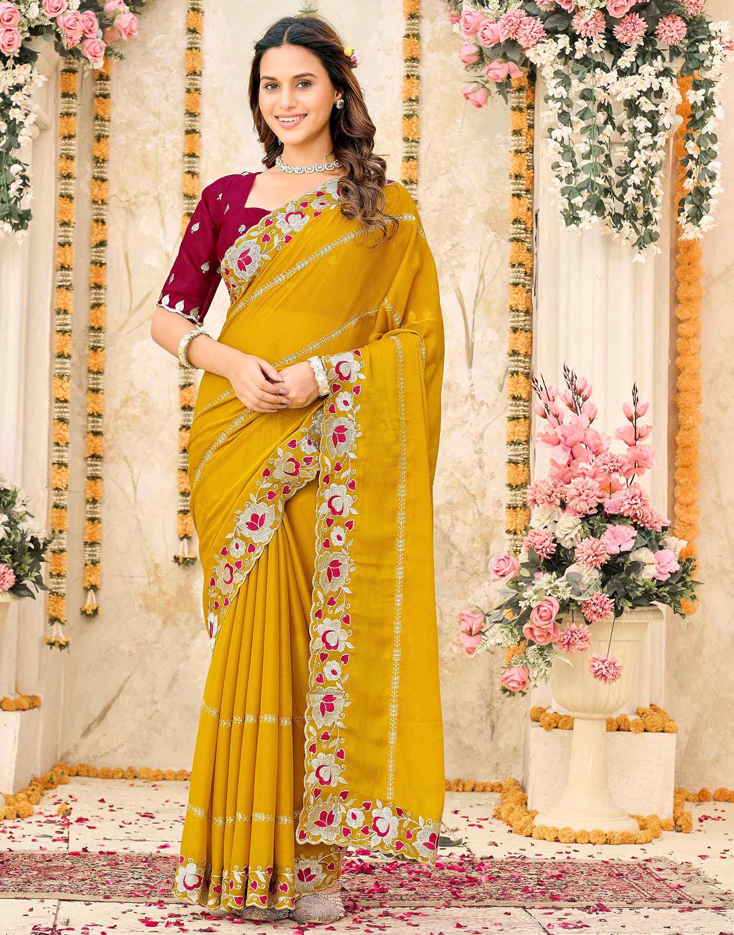 Mustard Yellow Shimmer Embroidery Saree