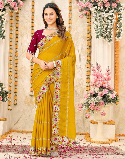 Mustard Yellow Shimmer Embroidery Saree