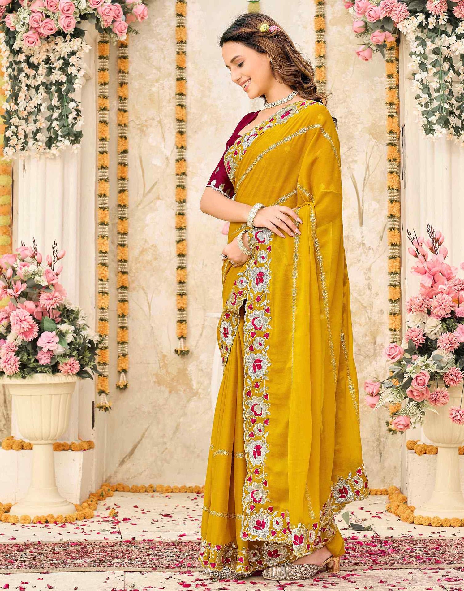 Mustard Yellow Shimmer Embroidery Saree