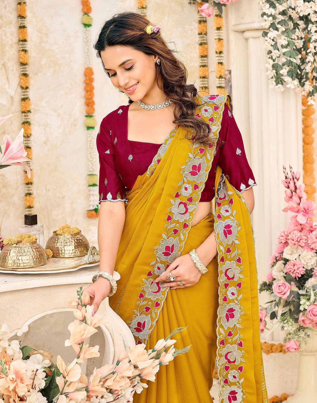 Mustard Yellow Shimmer Embroidery Saree
