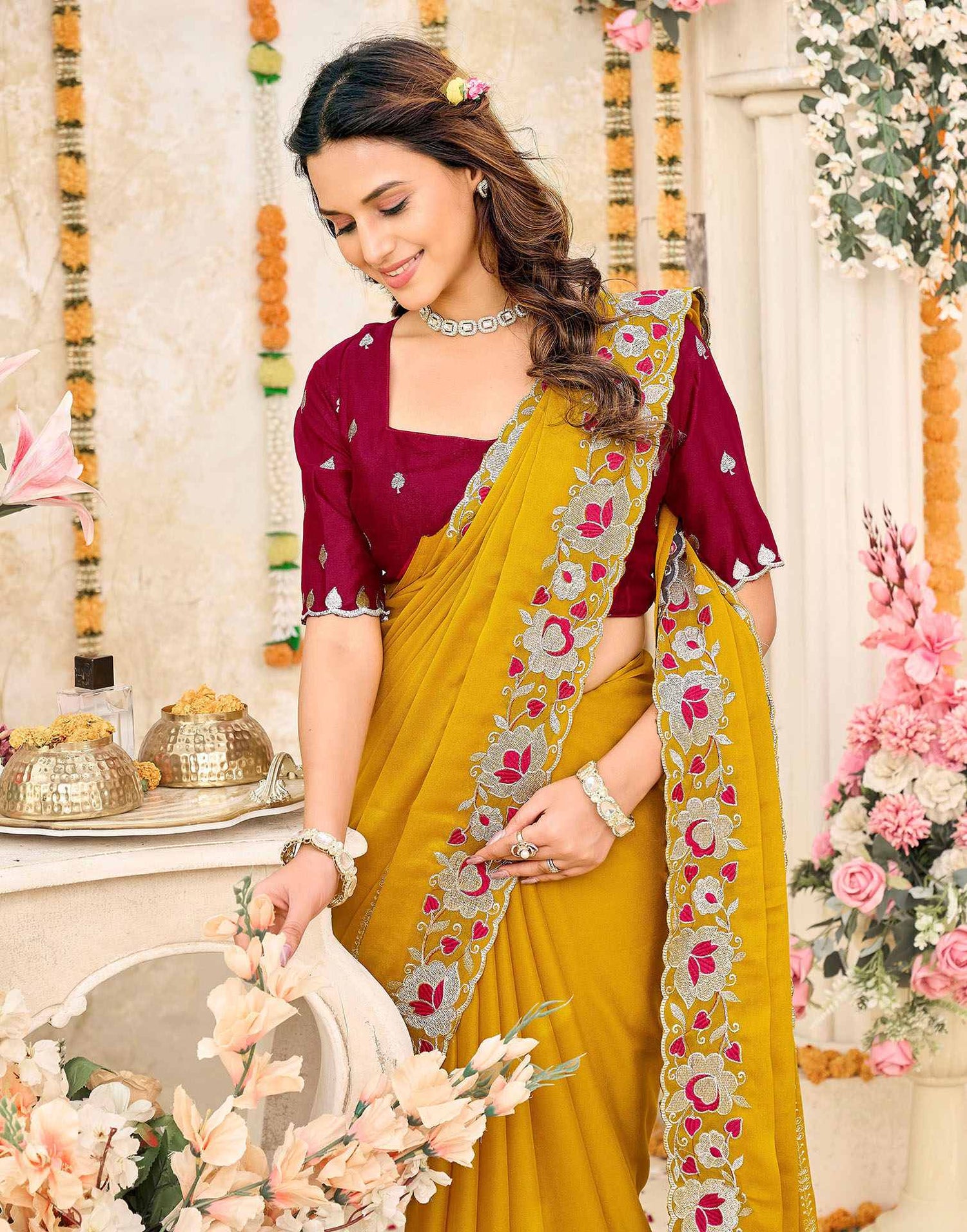 Mustard Yellow Shimmer Embroidery Saree