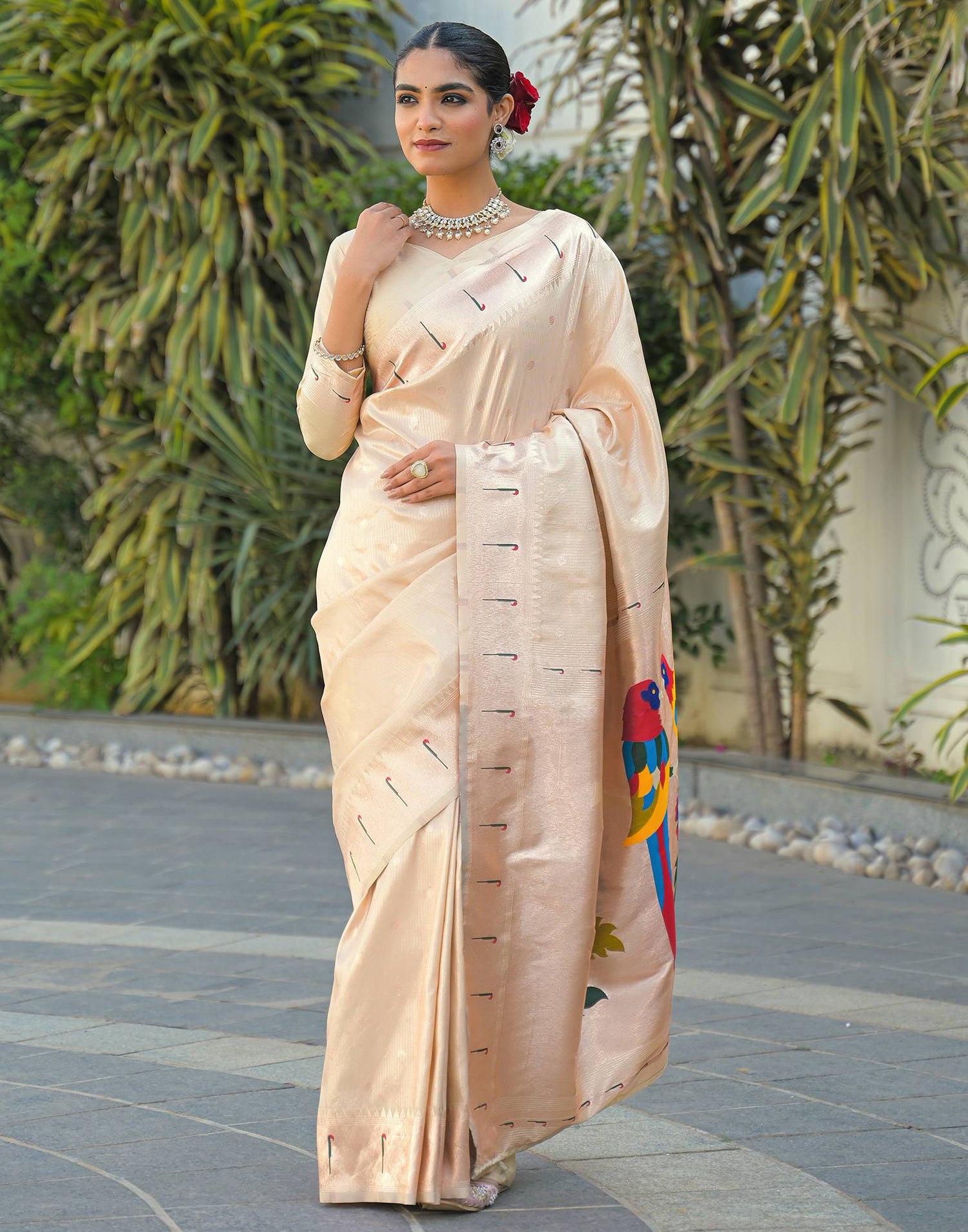 Cream Silk Woven Paithani Saree