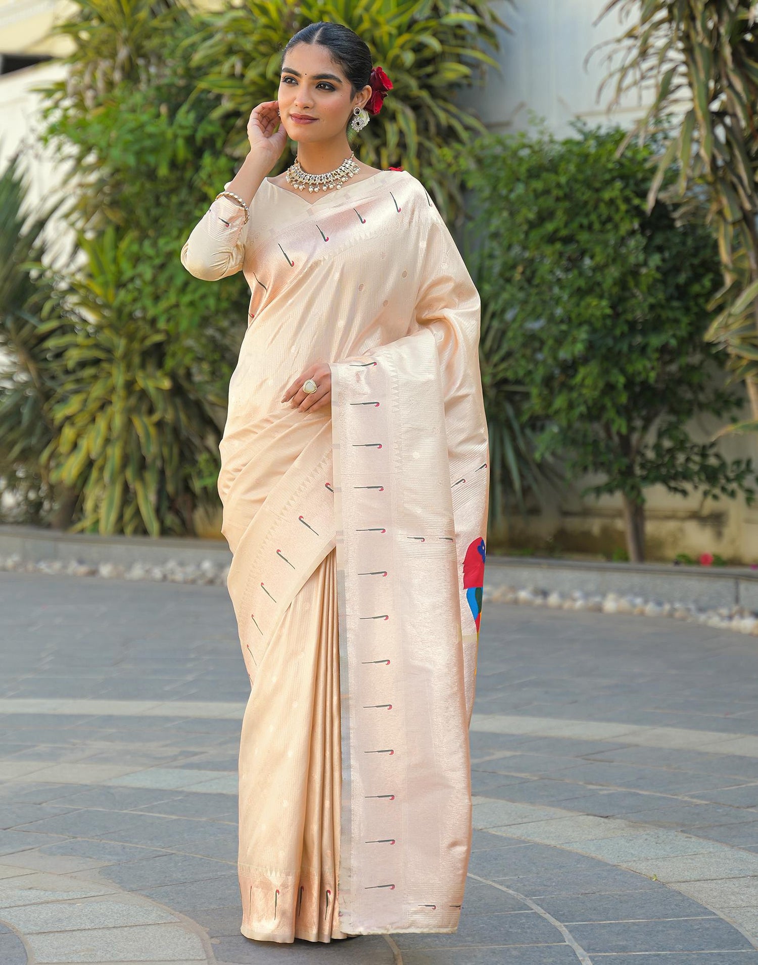 Cream Silk Woven Paithani Saree