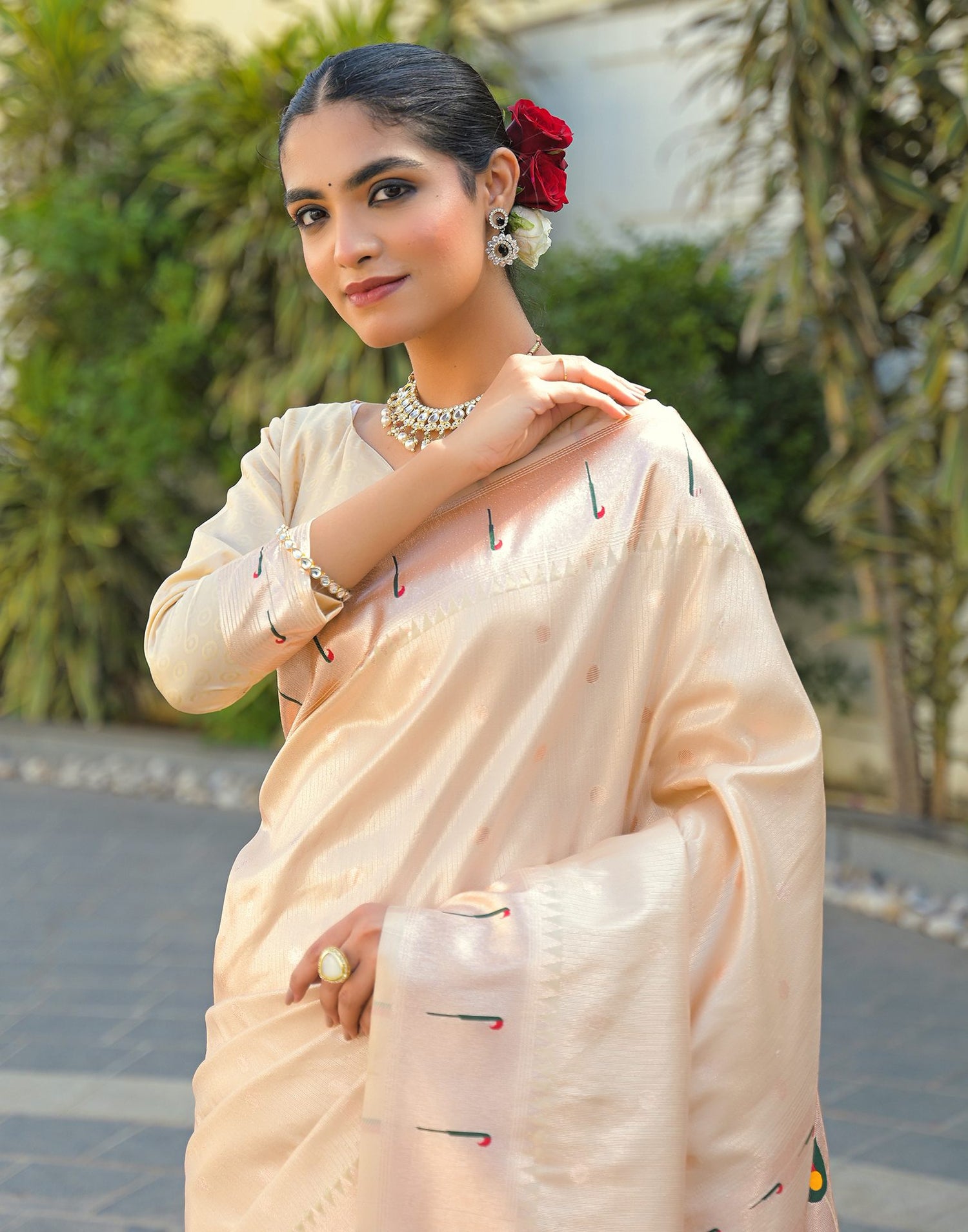 Cream Silk Woven Paithani Saree