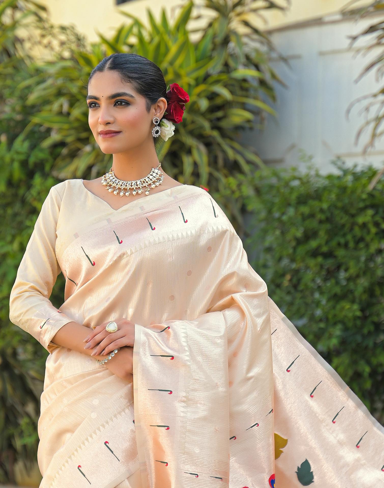 Cream Silk Woven Paithani Saree