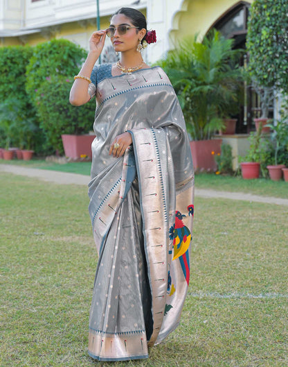 Dusty Blue Silk Woven Paithani Saree