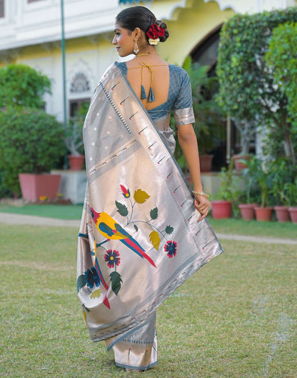 Dusty Blue Silk Woven Paithani Saree