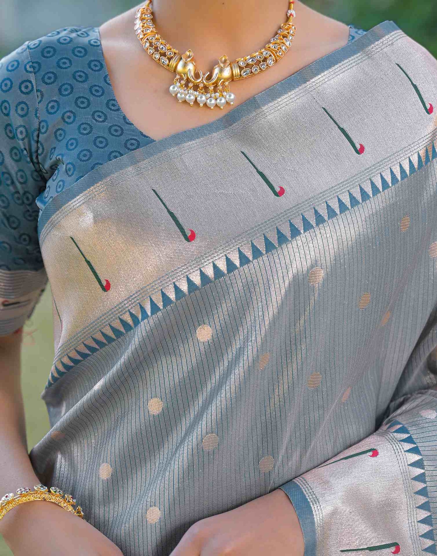 Dusty Blue Silk Woven Paithani Saree