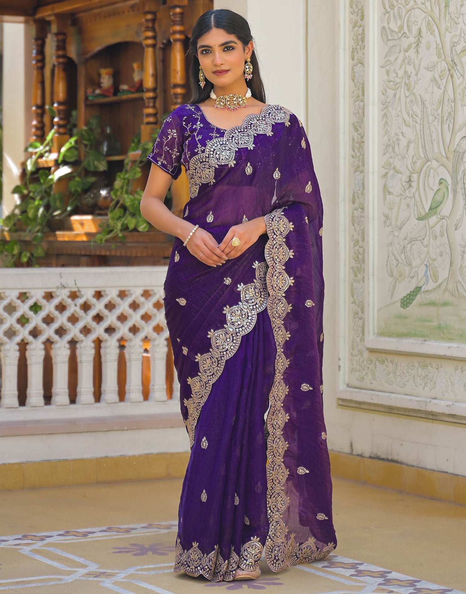 Purple Shimmer Chiffon Sequence Embroidery saree