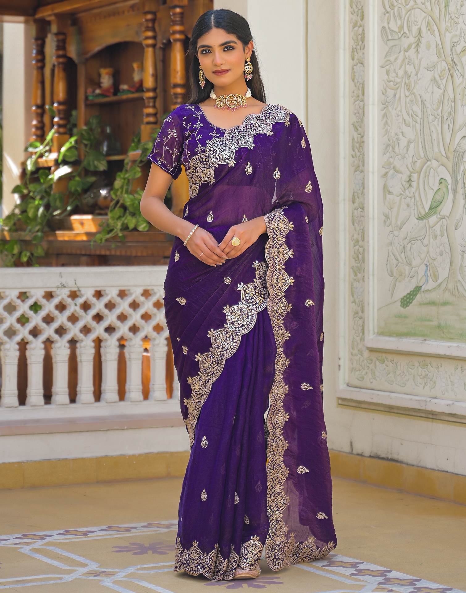 Purple Shimmer Chiffon Sequence Embroidery saree