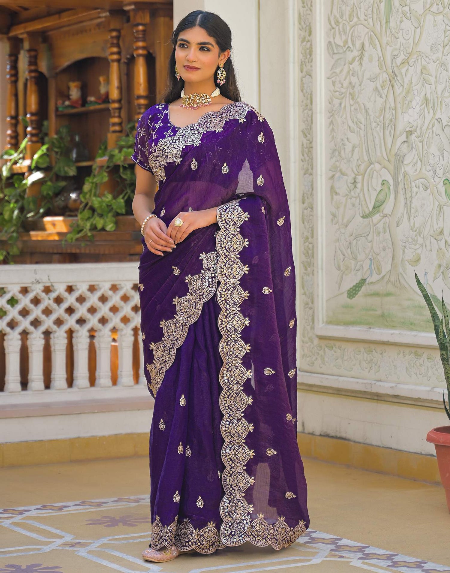 Purple Shimmer Chiffon Sequence Embroidery saree