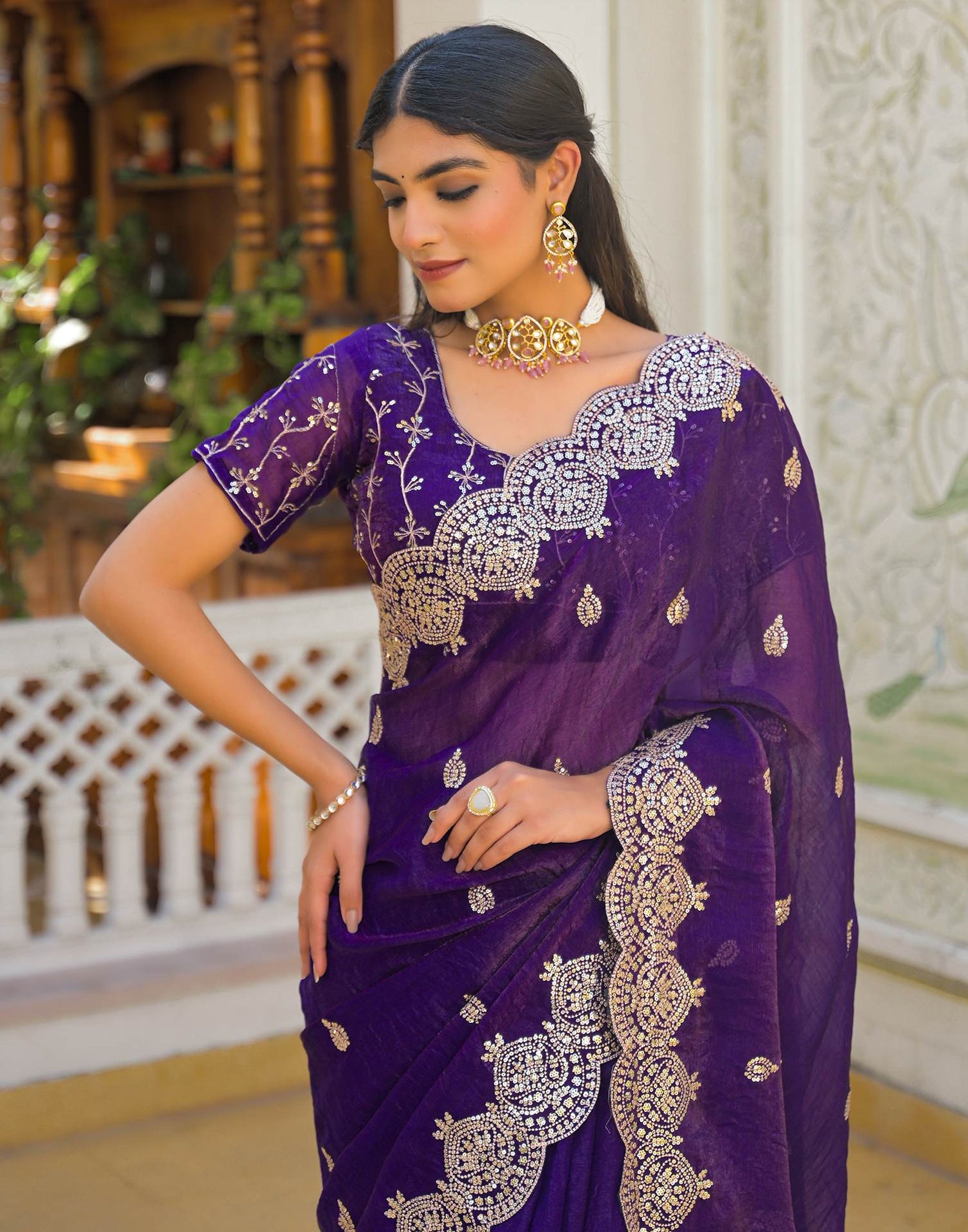 Purple Shimmer Chiffon Sequence Embroidery saree