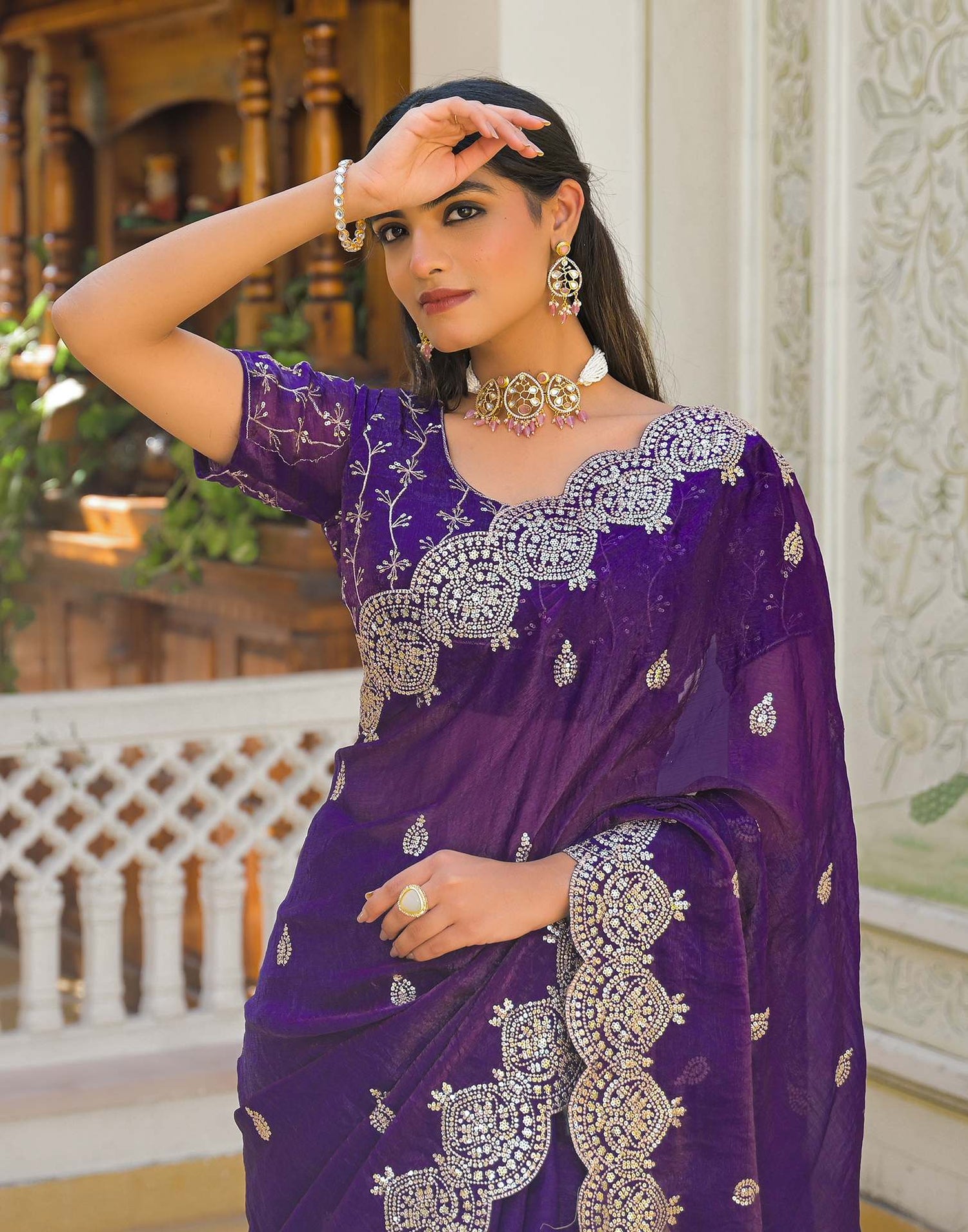 Purple Shimmer Chiffon Sequence Embroidery saree