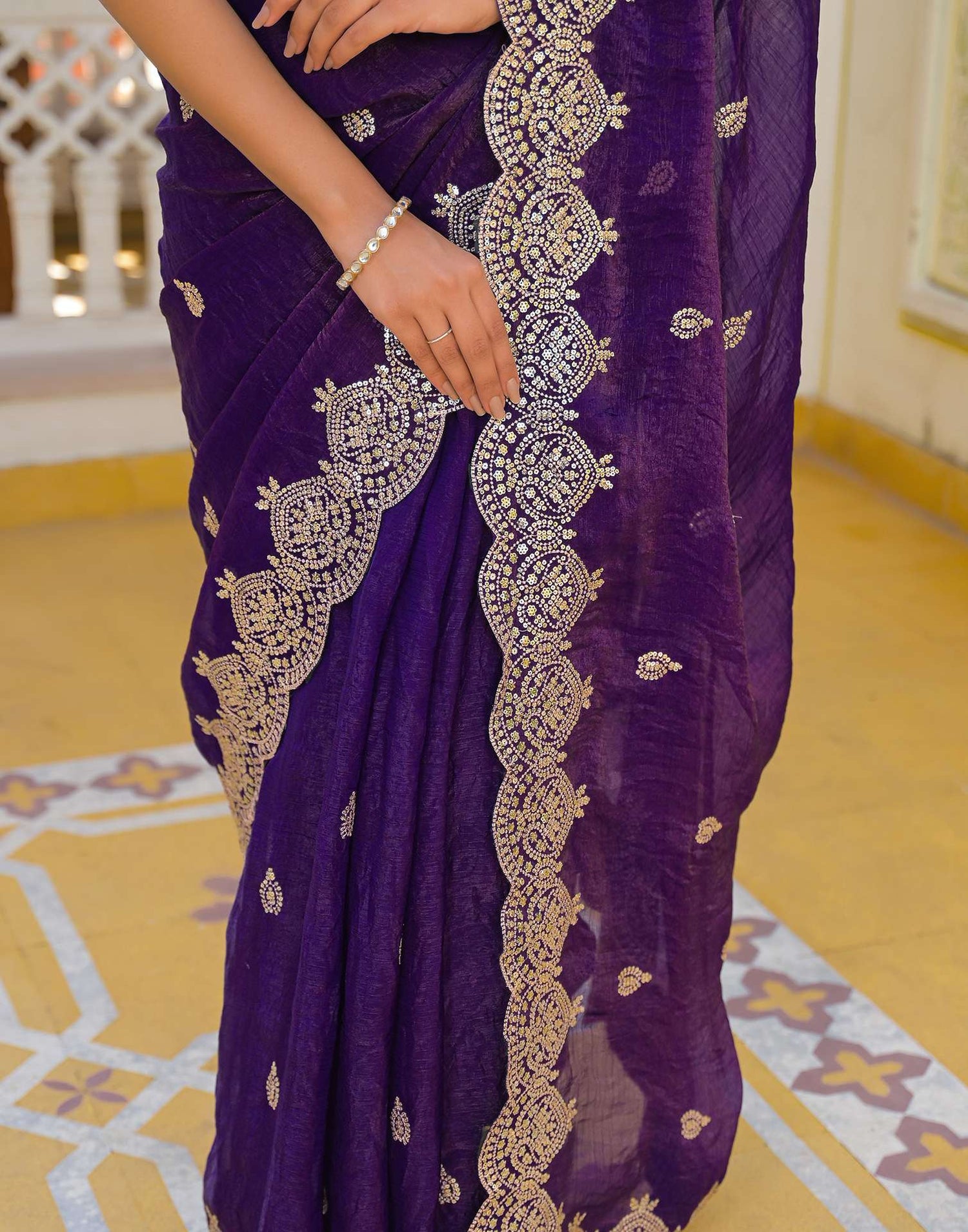 Purple Shimmer Chiffon Sequence Embroidery saree