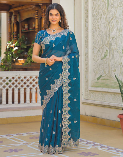 Peacock Blue Shimmer Chiffon Sequence Embroidery saree