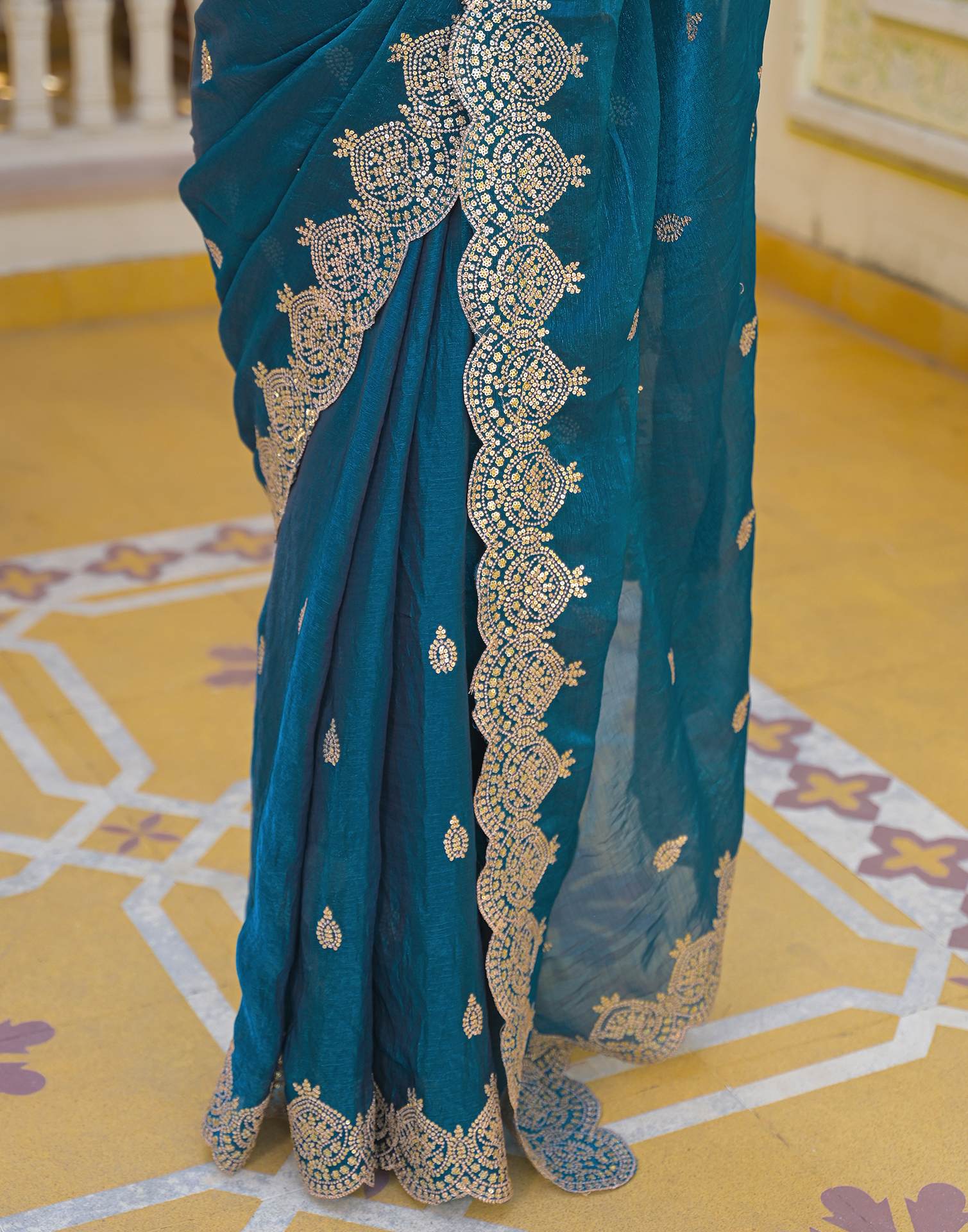 Peacock Blue Shimmer Chiffon Sequence Embroidery saree