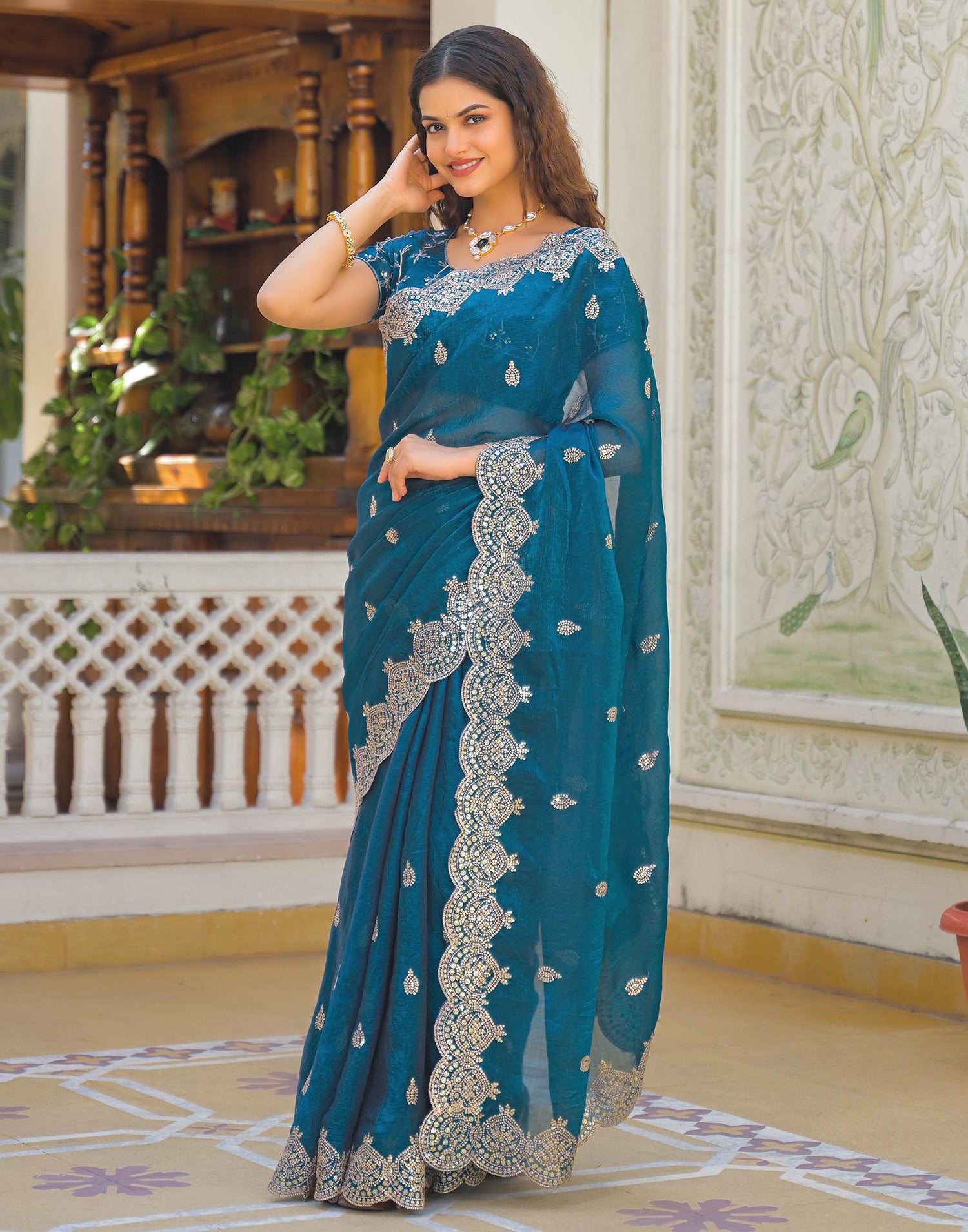 Peacock Blue Shimmer Chiffon Sequence Embroidery saree
