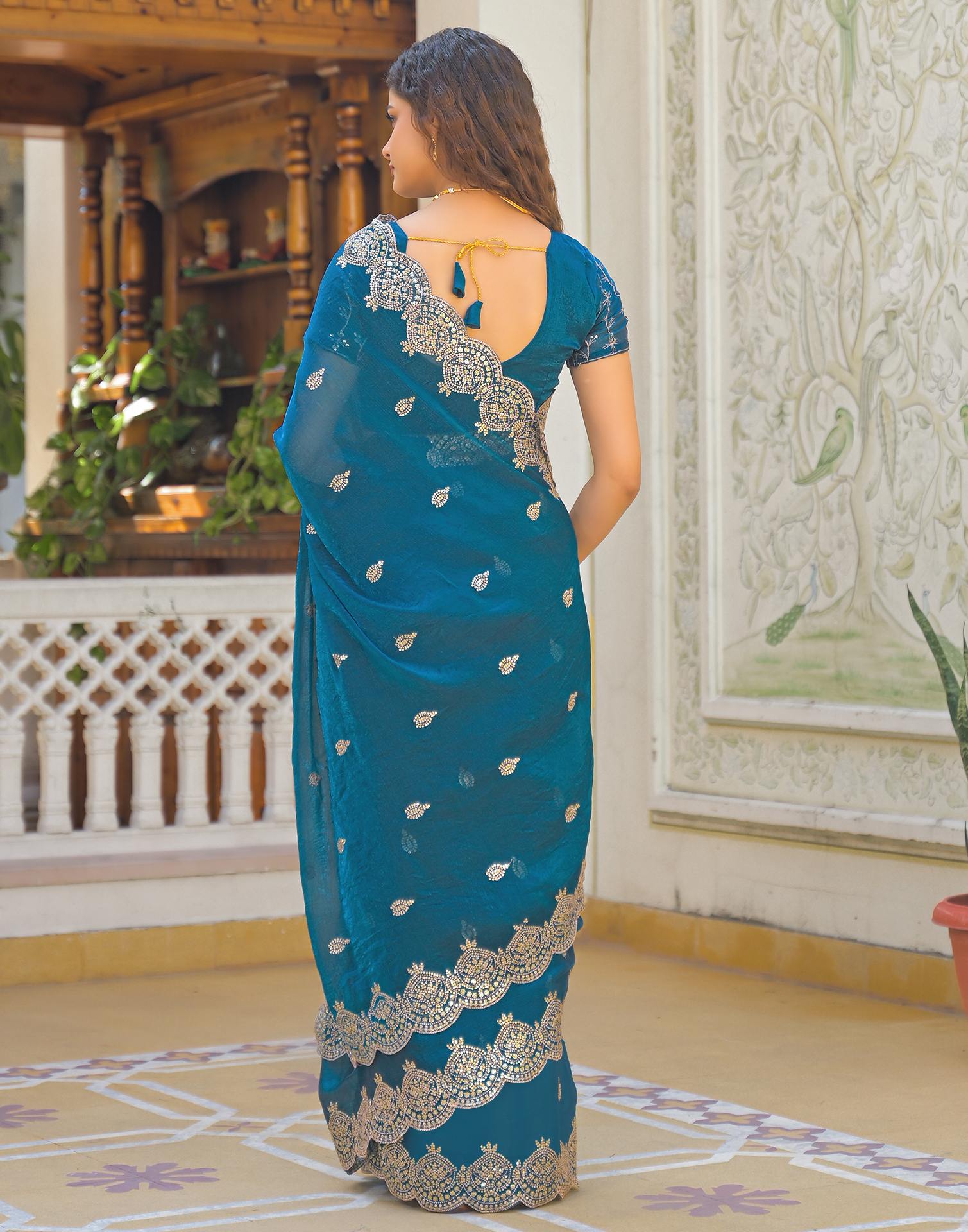 Peacock Blue Shimmer Chiffon Sequence Embroidery saree
