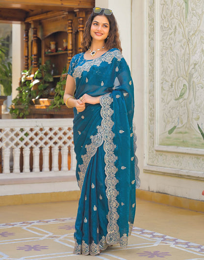 Peacock Blue Shimmer Chiffon Sequence Embroidery saree