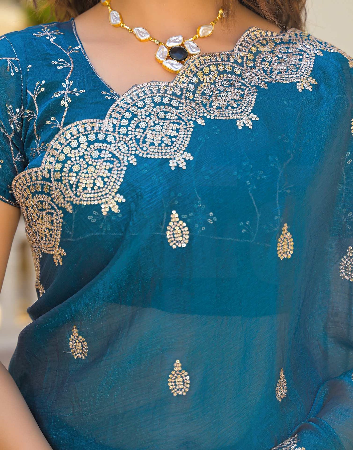 Peacock Blue Shimmer Chiffon Sequence Embroidery saree