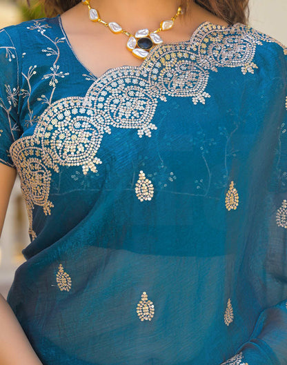 Peacock Blue Shimmer Chiffon Sequence Embroidery saree