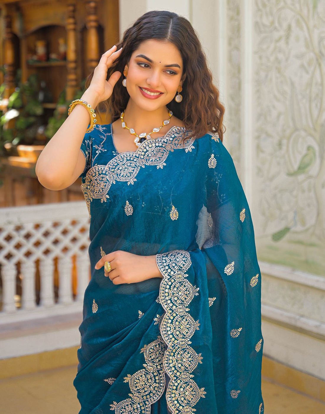 Peacock Blue Shimmer Chiffon Sequence Embroidery saree