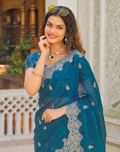 Peacock Blue Shimmer Chiffon Sequence Embroidery saree