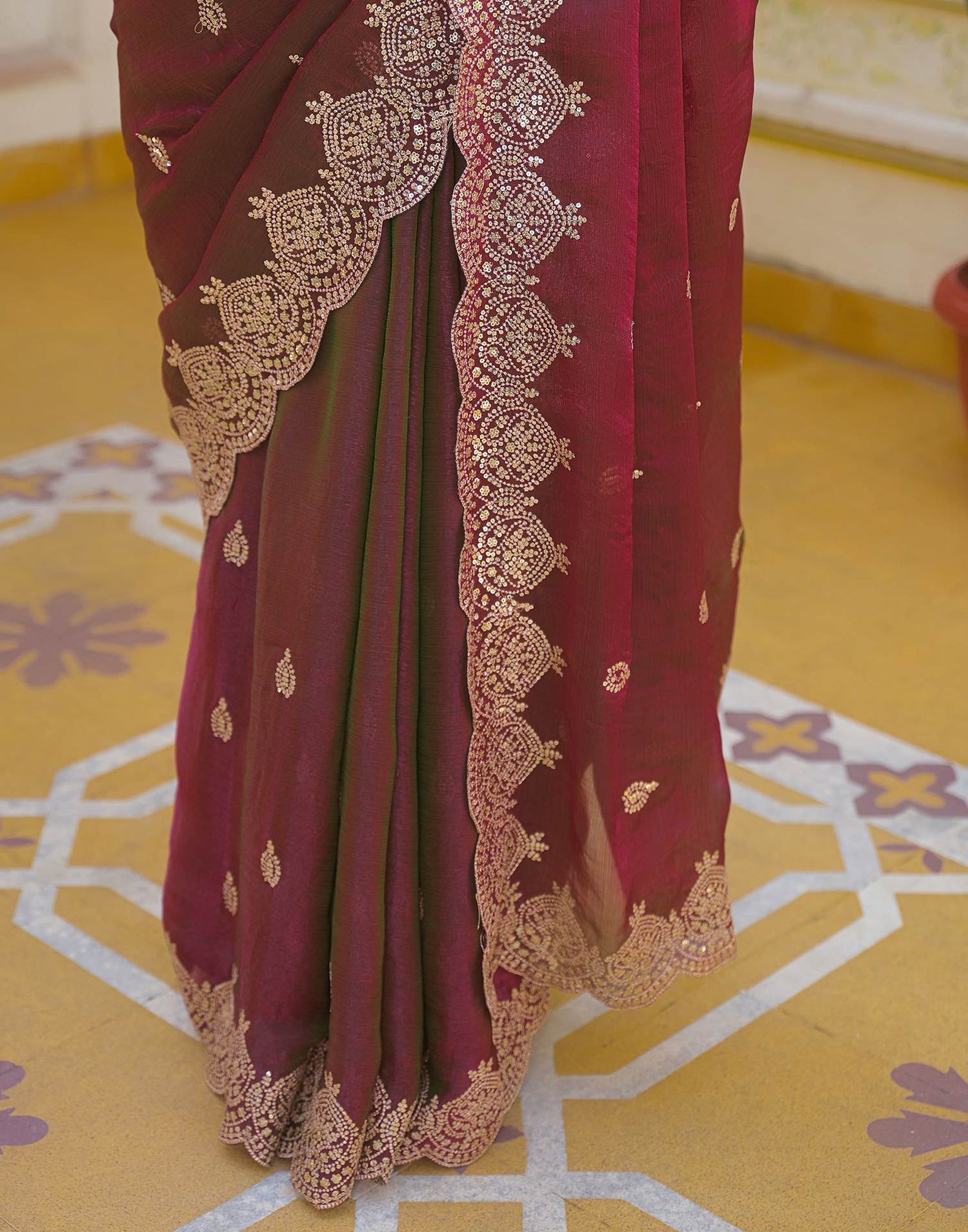 Wine Shimmer Chiffon Sequence Embroidery saree
