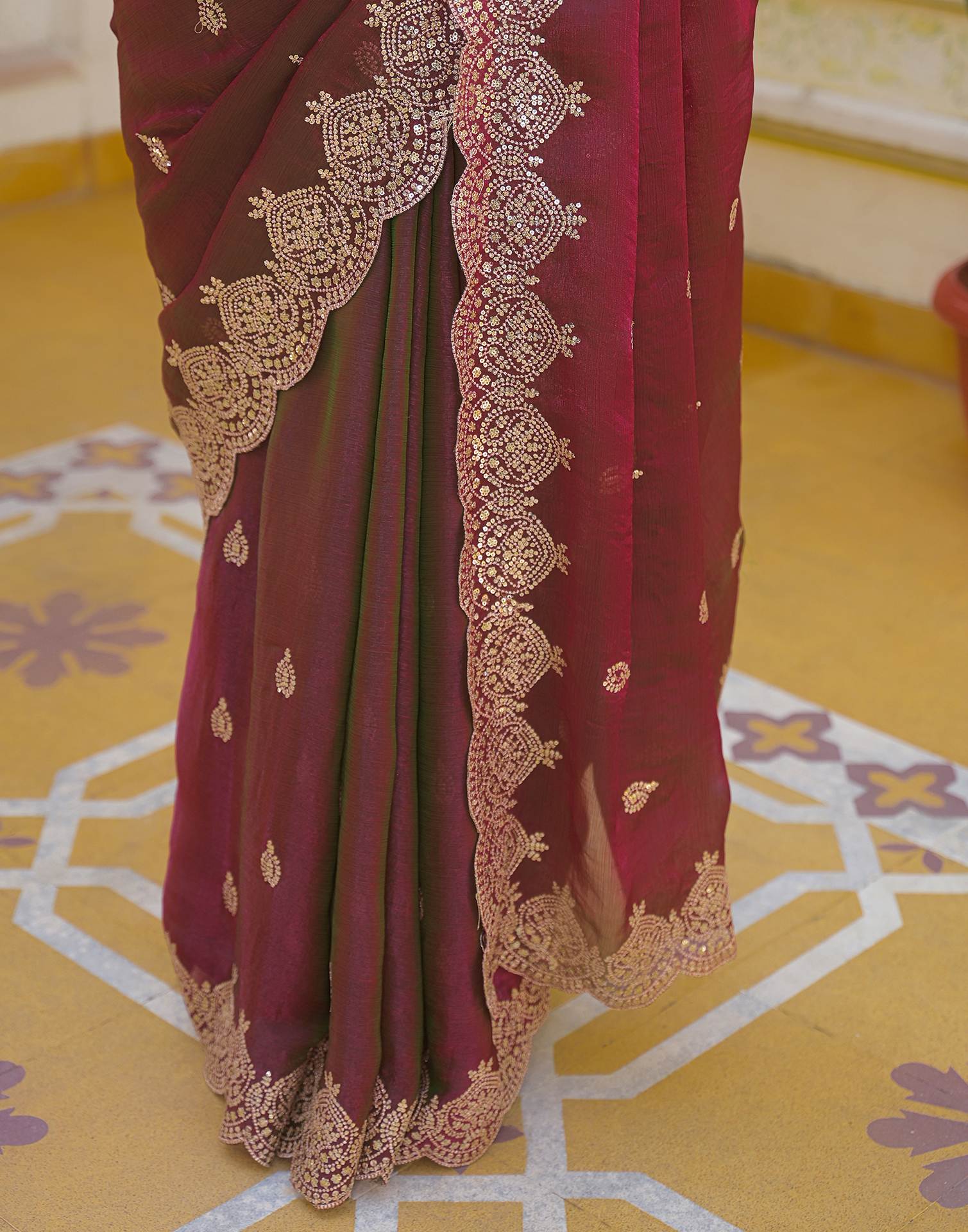 Wine Shimmer Chiffon Sequence Embroidery saree